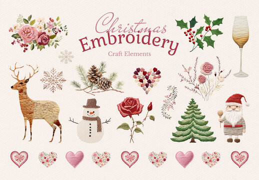 Christmas Embroidery Craft Design Element Set