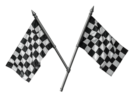 Two crossed checkered flags, waving gently against a black backdrop, suggest speed, victory, and the end of a race