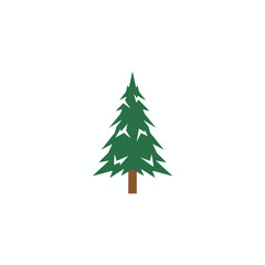 Obraz premium A flat-design evergreen tree in green with a brown trunk, on a plain white background