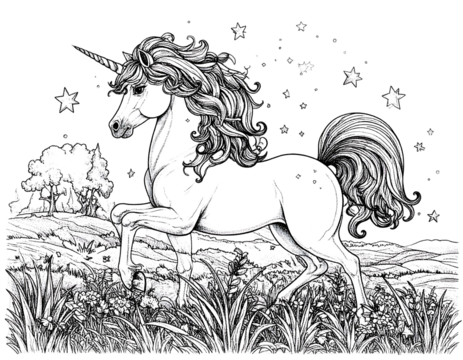 Unicorn in field, detailed black and white illustration, with stars and trees in the background, whimsical drawing