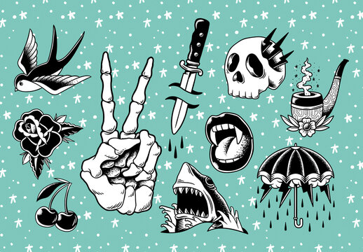 Retro Tattoo Art Design Set