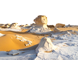 Unique chalk rock formations scatter across sandy terrain, contrasting colors