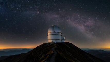 An astronomical observatory dome on a mountain peak at night with the milky way galaxy stretching across the sky, for scientific research footage.
