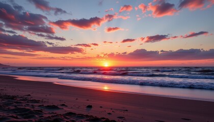 Fototapeta premium Beautiful sunset over ocean waves with colorful clouds reflecting on sandy beach in serene coastal landscape