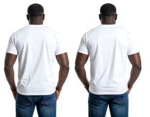 Two men stand, backs to viewer, wearing plain white t-shirts and blue jeans on a transparent background
