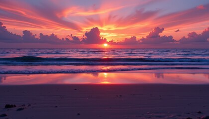 Fototapeta premium Breathtaking Vibrant Sunset Over Calm Ocean Waves with Colorful Cloud Reflections on Sandy Beach at Dusk
