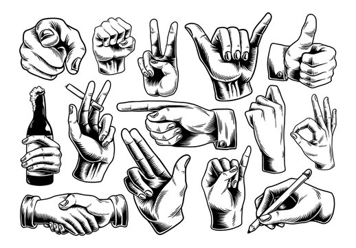 Vintage Hand Gesture Illustrations Design Set