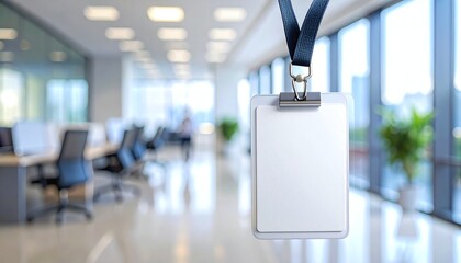 Blank badge hanging in modern office, ready for employee identification, corporate security, workplace access, or visitor registration in a professional environment.