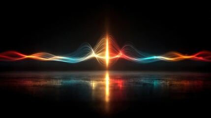 Abstract illustration of colorful light waves on a dark background reflected on the surface