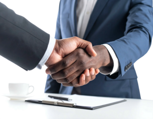 Two dark skinned business men shake hands in a deal, with coffee cup and paper on a white table