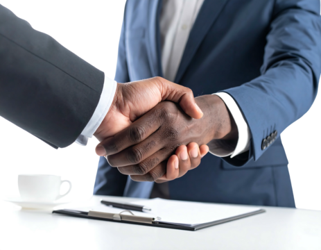 Two dark skinned business men shake hands in a deal, with coffee cup and paper on a white table