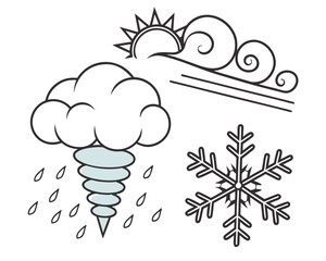 Weather elements including cloud, sun, wind, rain, tornado and snowflake
