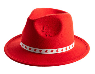 Vibrant red fedora with white band featuring maple leaf design, isolated against a dark background