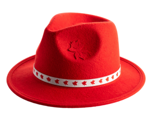 Vibrant red fedora with white band featuring maple leaf design, isolated against a dark background