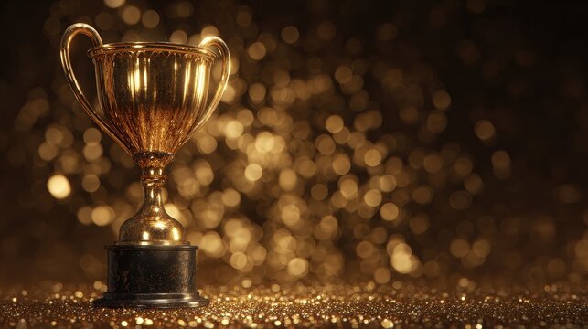 A shimmering golden trophy stands against a blurred, sparkling background, symbolizing achievement and celebration.