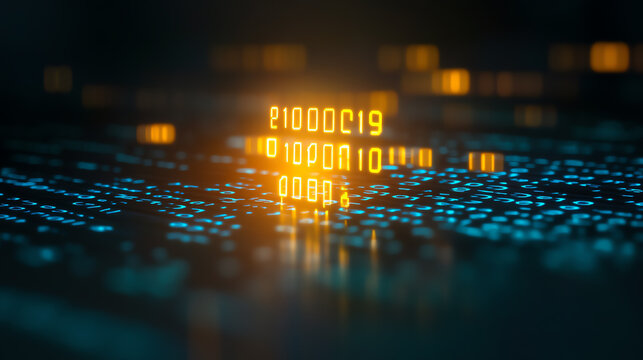 A close-up view of glowing binary code on a dark background, showcasing the essence of digital technology and data processing.