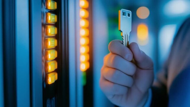 Cyber Security Unlock: A close-up shot revealing a person's hand holding a USB key with an illuminated key panel in the background, symbolizing data protection and secure access. 