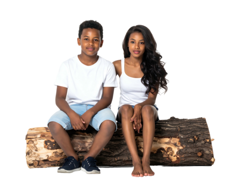 Two dark-skinned siblings sit side-by-side atop a log, smiling at the camera. Isolated on black background