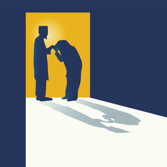 Silhouette of a wife kissing the hand of her husband as a gesture of respect and apology in front of door