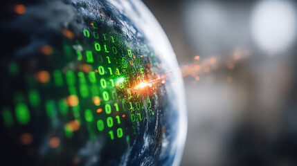 A futuristic representation of the Earth surrounded by binary code, symbolizing the digital age and global connectivity.