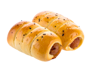 Two sausage rolls, golden brown, glistening, with sesame seeds, against a stark black background. Delicious pastry treat