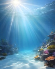 "Sunlit Serenity Beneath the Waves – Tranquil Underwater Coral Reef Scene"