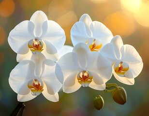 Delicate white orchid blossoms basked in warm, golden light