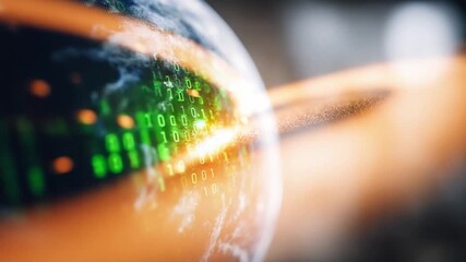 Digital Embrace: A glowing hand gently cradles planet Earth, overlaid with vibrant binary code, signifying the fusion of technology and the globe - Powered by Adobe