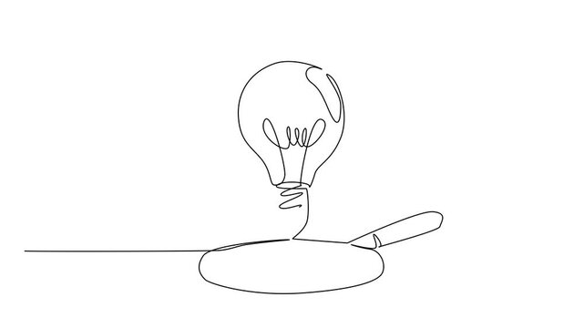 Self drawing animation of single continuous line drawing bulb lamp floating above the magnifier glass. The idea is still floating. Looking for right time. National Creativity Day. Full length animated