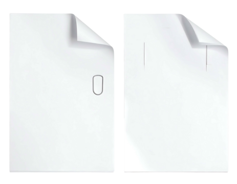 Two blank white sheets with curled corners and parallel indented lines, depicted side-by-side in a digital rendering