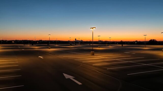 Empty parking deck at dusk, cityscape on horizon, illuminated by lights