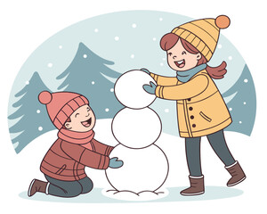 Children building a snowman in a snowy landscape, winter fun illustration