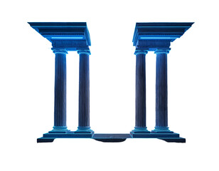 Two sets of glowing, blue columns with a platform form an illuminated entrance against a black background