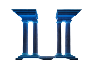Two sets of glowing, blue columns with a platform form an illuminated entrance against a black background