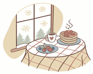 Cozy winter breakfast scene with pancakes and a window view