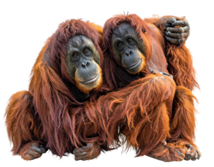 Two orangutans huddle closely, their reddish-brown fur contrasting against a dark, transparent backdrop