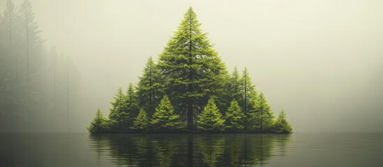 Foggy lake with a triangular cluster of trees