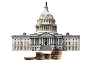 Obraz premium US Capitol building, with coins stacked in front, suggesting finances and economics, on a black background