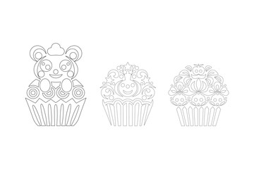 Cute cupcake vector set with bear and pumpkin decoration