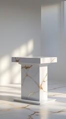 Naklejka premium Minimalist modern marble pedestal with natural light and shadow creating a serene and elegant display for product showcasing