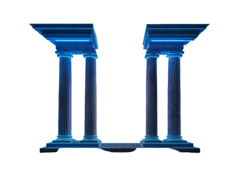 Two sets of glowing, blue columns with a platform form an illuminated entrance against a black background