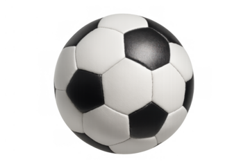 Soccer ball showing black and white pentagons and hexagons, ready for playing football on transparent background