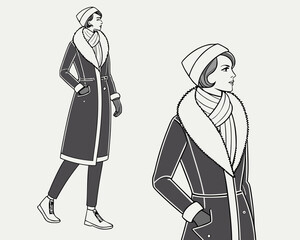 Woman in winter coat and scarf in two poses