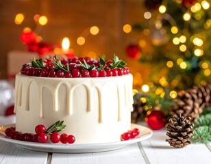 Elegant cake with red berries, pine cone near Christmas tree lights