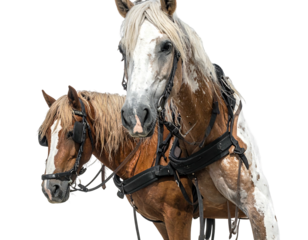 Two draft horses, brown and white, harnessed together. A beautiful pair