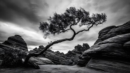 windswept. Solitary tree growing from rock crevice with windswept branches against dramatic sky. travel magazines, destination branding, designed for outdoor magazines and nature guides.