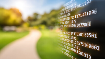 Close-up of binary code overlaying a serene park pathway, blending nature and technology in a harmonious scene.