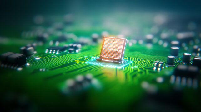 Close-up of a microchip on a circuit board, showcasing intricate details and advanced technology in modern computing.