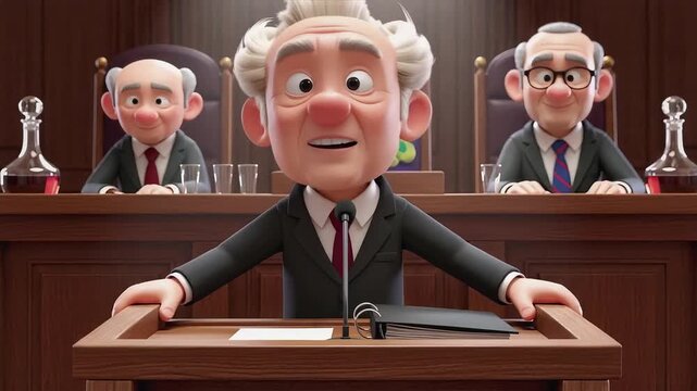 Animated Judge Presiding Over Courtroom Scene with Cartoon Judges