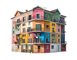 Vibrant, stacked apartment building with varying colors and balconies on a black background, sunny day